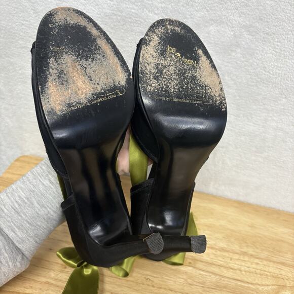 Beverly Feldman Vintage Black Satin Green Ribbon Platform Peep Toe Heels Size 7 - Picture 10 of 14